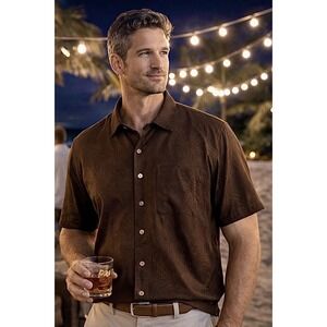 Tommy Bahama Men's L Brown 100% Silk Camp Shirt Tropical Pattern Short Sleeve